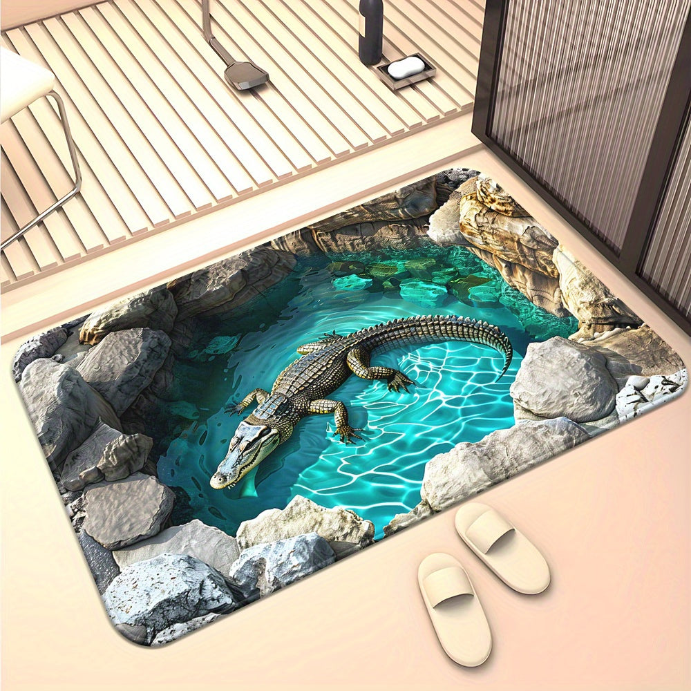 Tapete 3D con diseño de cocodrilo, antideslizante, ideal para baño, dormitorio y entrada de sala, lavable a máquina, 100% poliéster, diseño realista de cocodrilo con fondo de agua azul y piedras, decoración para entrada | Tapete con ilusión óptica 3D