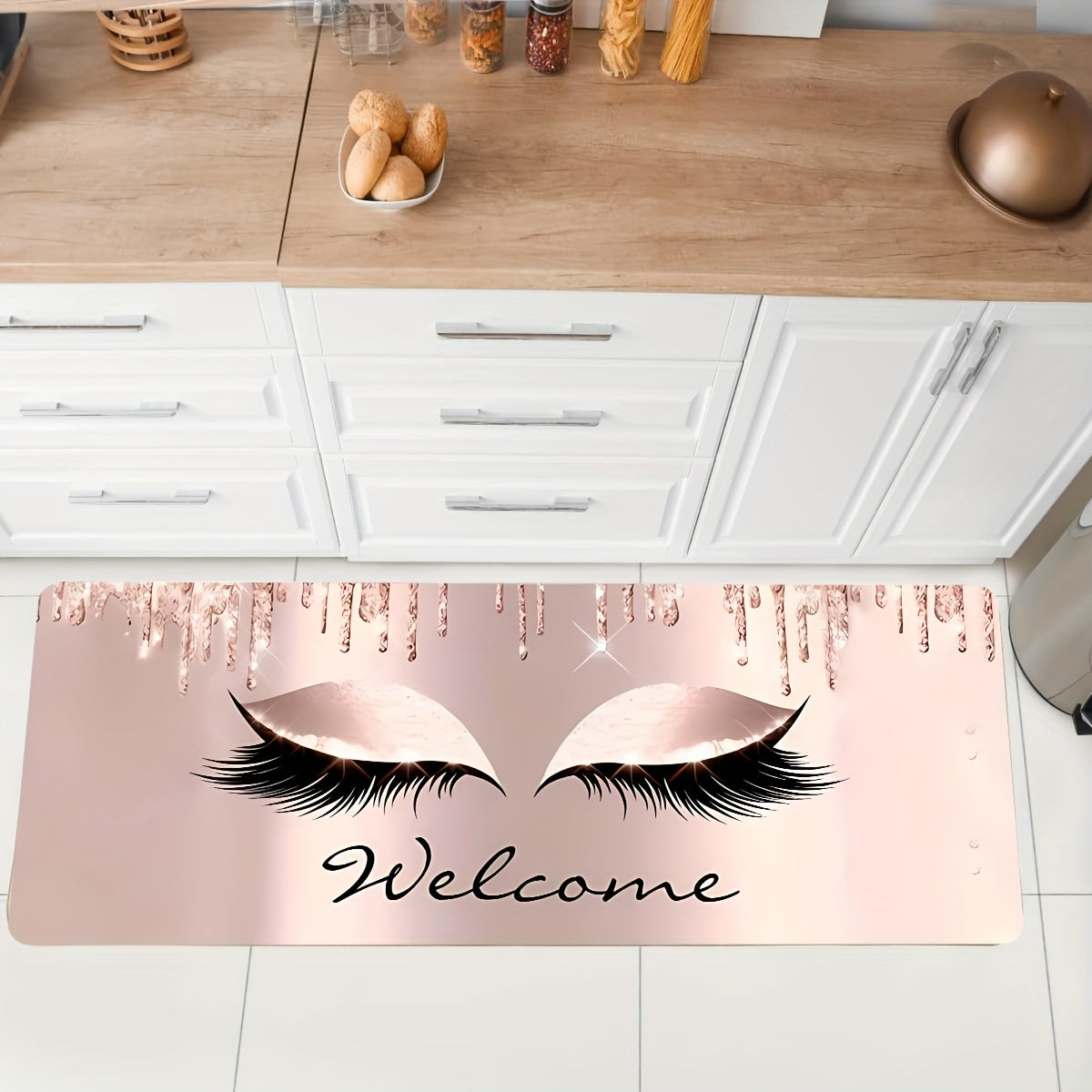 1 Pieza, Tapete De Cocina De Material De Poliéster Vinílico Con Patrón De Pestañas Y Letras En Color Rosa, Antideslizante Y Absorbente, Alfombra Antifatiga Para Cocina, Hogar, Oficina, Fregadero Y Lavandería