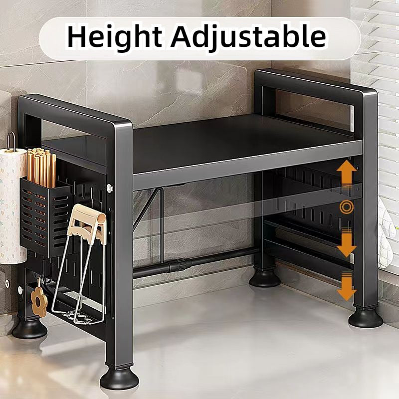 Estante de cocina expandible de 2 niveles para microondas y horno, organizador de metal negro para encimera con estantes abiertos, ideal para especias, utensilios y ollas, estante para electrodomésticos, repisa funcional, estructura de metal negro