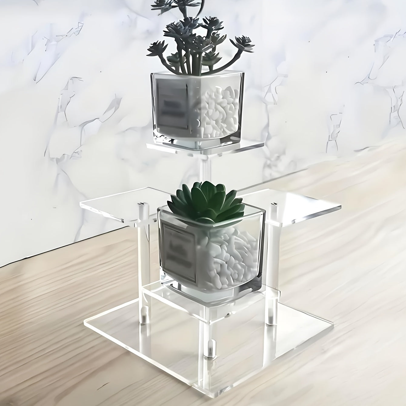 1 Soporte de exhibición moderno y transparente de acrílico - 4 estantes cuadrados desmontables para especias, figuritas, perfumes y joyas, adecuado para almacenamiento de escritorio en dormitorio y sala de estar.