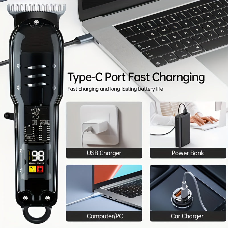 Cortadora de cabello eléctrica profesional con pantalla digital - Carga USB, 4 hojas intercambiables, mango ergonómico, herramienta de corte y estilizado de precisión para hombres, diseño azul elegante, regalo ideal, tijeras ergonómicas