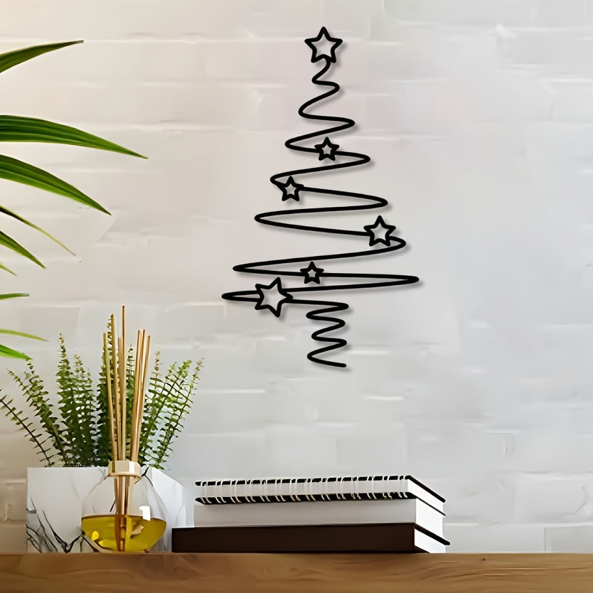 Arte de pared de árbol de Navidad de metal - Decoración navideña no eléctrica para interiores y exteriores, elegante árbol de metal negro con adornos de estrellas, perfecto para sala de estar, patio o jardín, decoración de pared de Navidad.