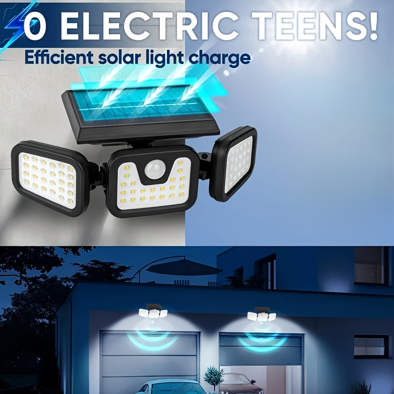 Luz de seguridad solar con sensor de movimiento - 74 LED, luz de inundación exterior, 3 modos, impermeable, adecuada para la puerta principal, patio, garaje, sendero, camino, jardín y patio, alimentada por energía solar y ahorro de energía, cuerpo de plá