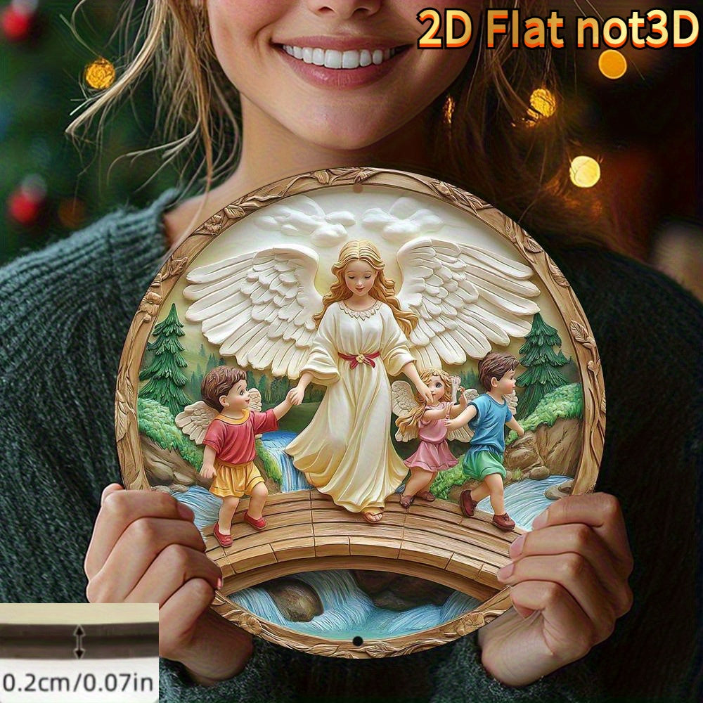 Arte de Pared Redondo de Madera con Ángel Guardián 2D Plano - Escena de Ángel y Arroyo, Perfecto para el Hogar, Oficina o Regalos del Día de San Patricio, Día de San Valentín, Decoración de Ángeles, 2D Plano