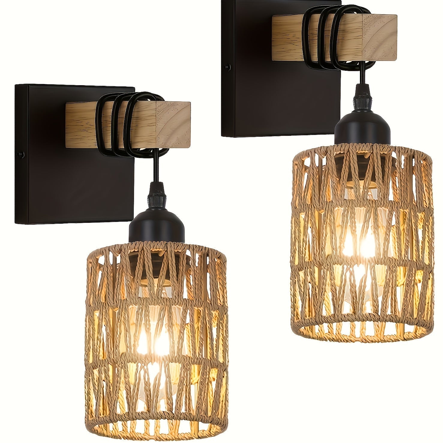 Arandela de Pared Industrial Estilo Medio Siglo XX – Lámpara de Ratán Tejido a Mano para Sala, Dormitorio o Comedor – Decoración Rústica Bohemia con Acabado en Metal Pulido, Incluye Herramientas de Montaje, Luz Ambiente para Dormitorio | Estilo Bohemio y
