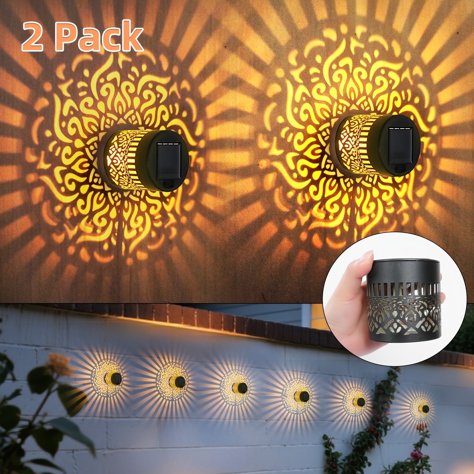 2 paquetes de luces solares para vallas con diseño hueco - Luces de pared IP65 para exteriores para jardín, patio y escaleras, paneles solares LED con carcasa negra, montaje semienterrado, control de sensor de luz, batería, luces solares para vallas para