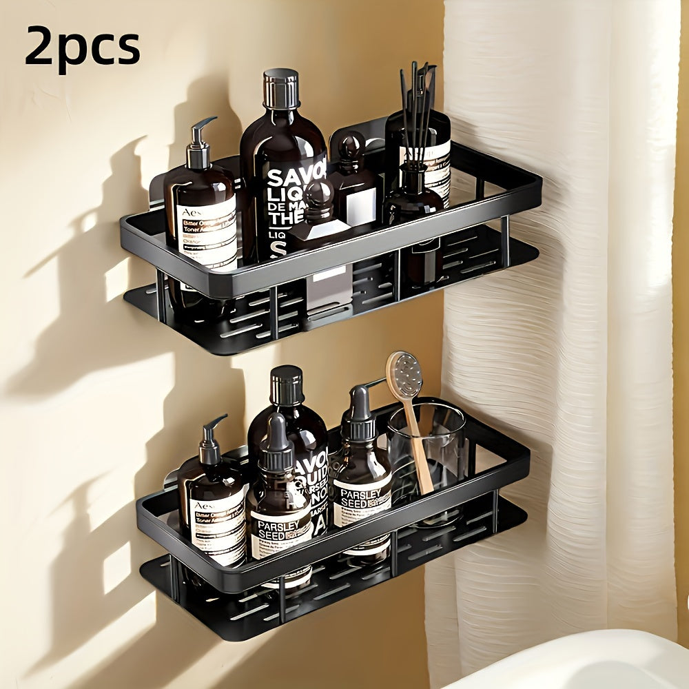 2 piezas de estantes de pared negros, juego de percheros de ducha sin taladro - Resistentes al óxido, organizador colgante que ahorra espacio para champú, acondicionador y más, solución de almacenamiento de baño, perchero de baño moderno, organizador de