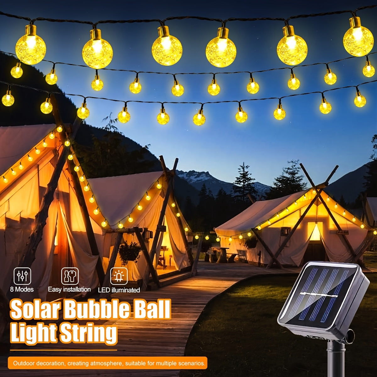 Luces solares de cuerda - 20/50/100 LED con 8 modos de iluminación, control de botón, plástico duradero, ideales para jardín, camping, fiestas, Navidad y decoración de patios, luces decorativas