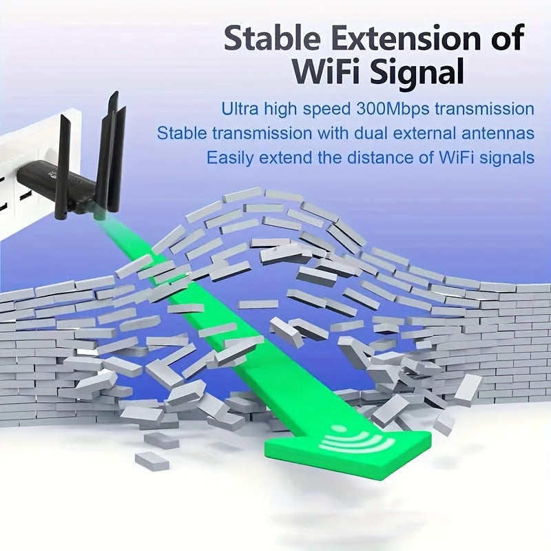 Repetidor de señal WiFi USB OEKE-1 con 4 antenas - Extensor inalámbrico 2.4GHz, velocidad de datos de 300 Mbps, señal superadora de 2.4G, conexión directa SSID, ideal para uso en hogar y oficina, accesorio de Wi-Fi para oficina | Diseño elegante negro |