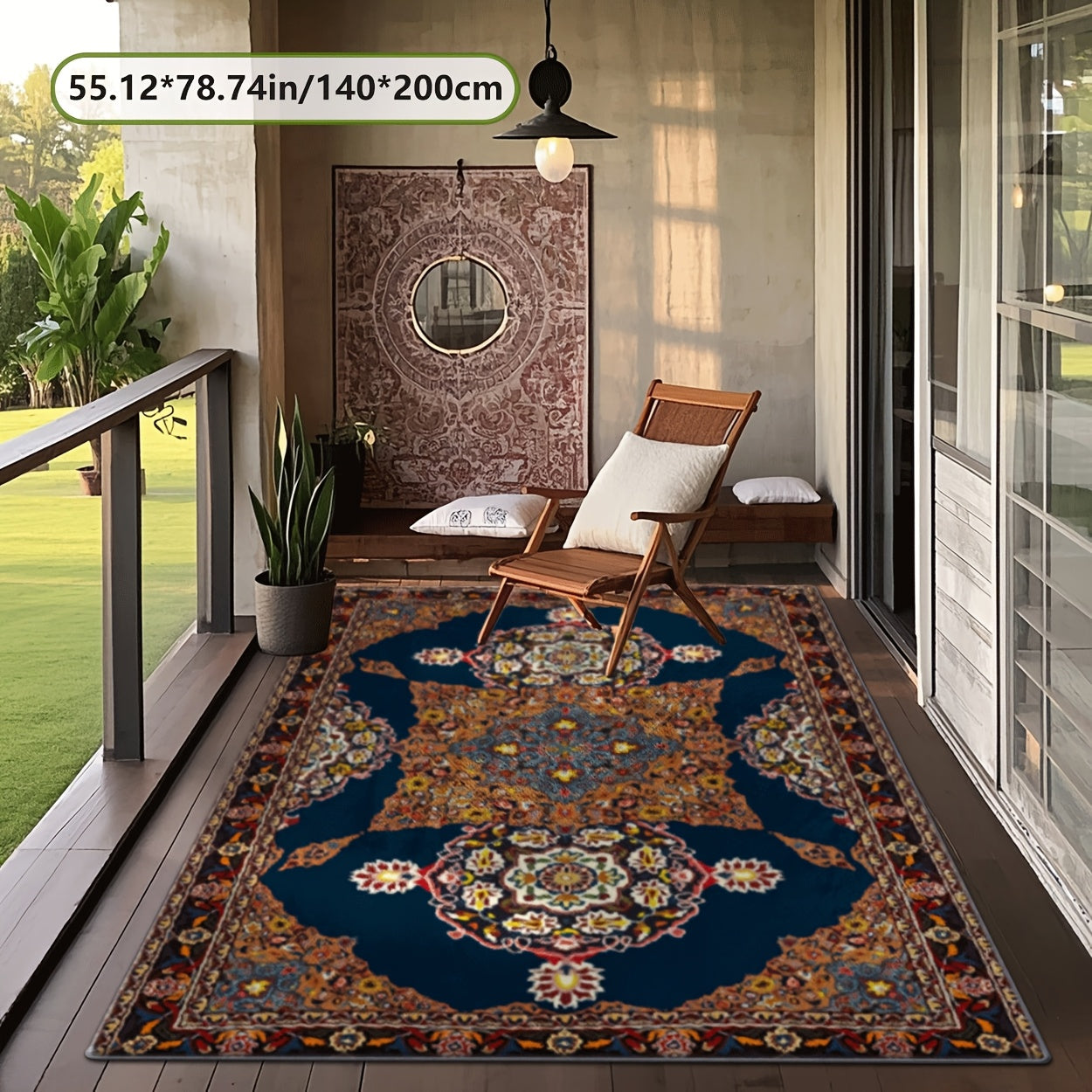 Alfombra Decorativa de Terciopelo Diamante Dorado + Base Antideslizante Plástica, Estampado 2D con Patrón Tradicional Exquisito, Estilo Clásico para Picnics, RVs, Balcones, Terrazas y Camping, Uso en Interiores y Exteriores, Varios Tamaños Disponibles