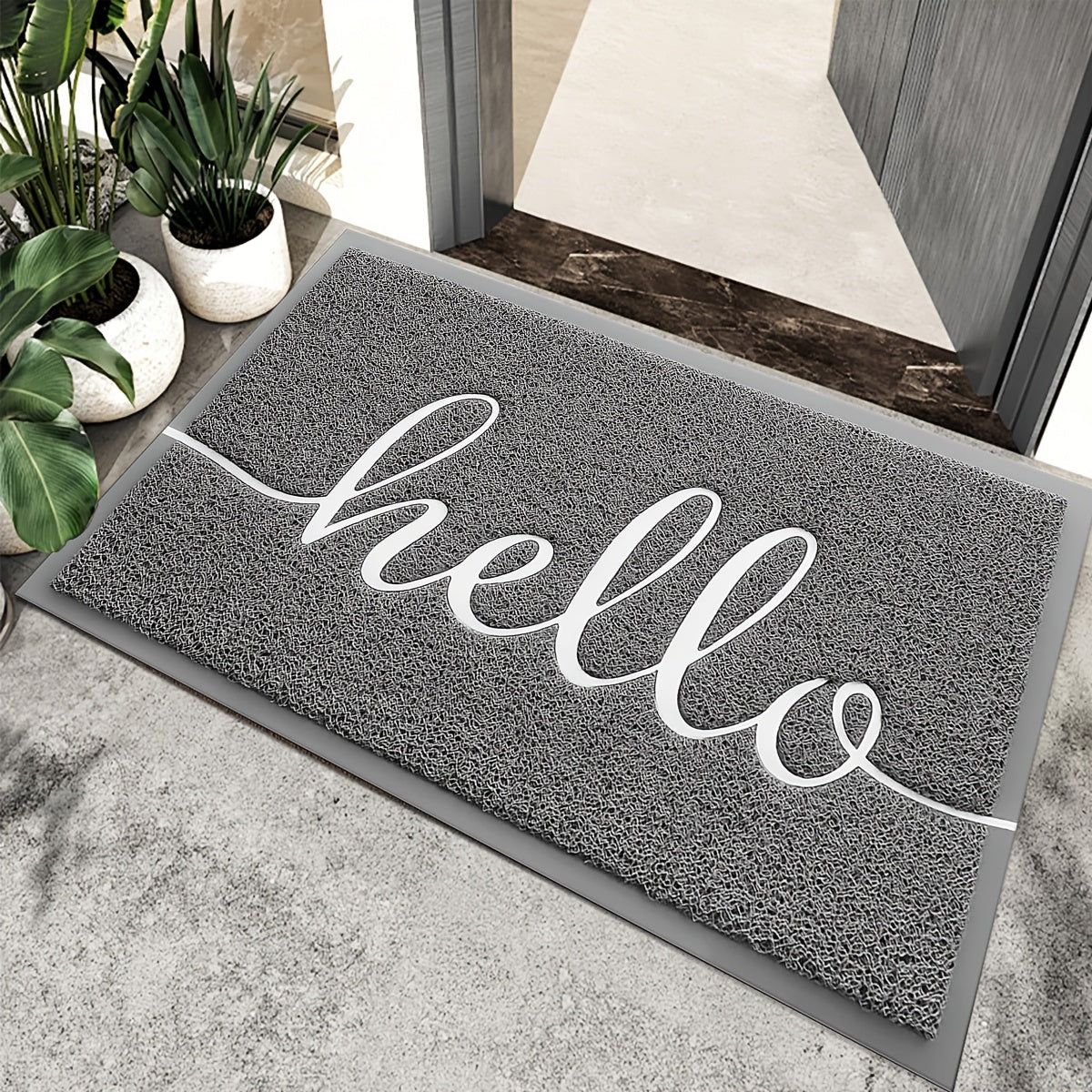 1 pza. tapete de entrada con mensaje hola/bienvenido, antideslizante, absorbente, lavable a máquina, rectangular, de polipropileno, para interior/exterior, garaje, entrada, patio, resistente a suciedad y lodo, fácil de limpiar, color gris
