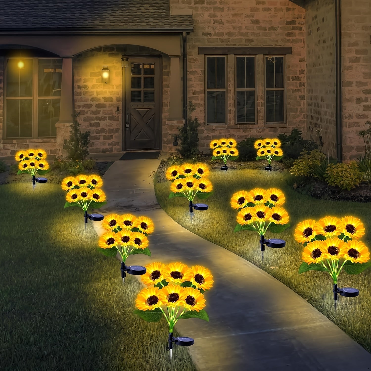 Poste verde con luces, girasol de cabeza grande, alimentado por energía solar, disponible en paquetes de uno o dos.