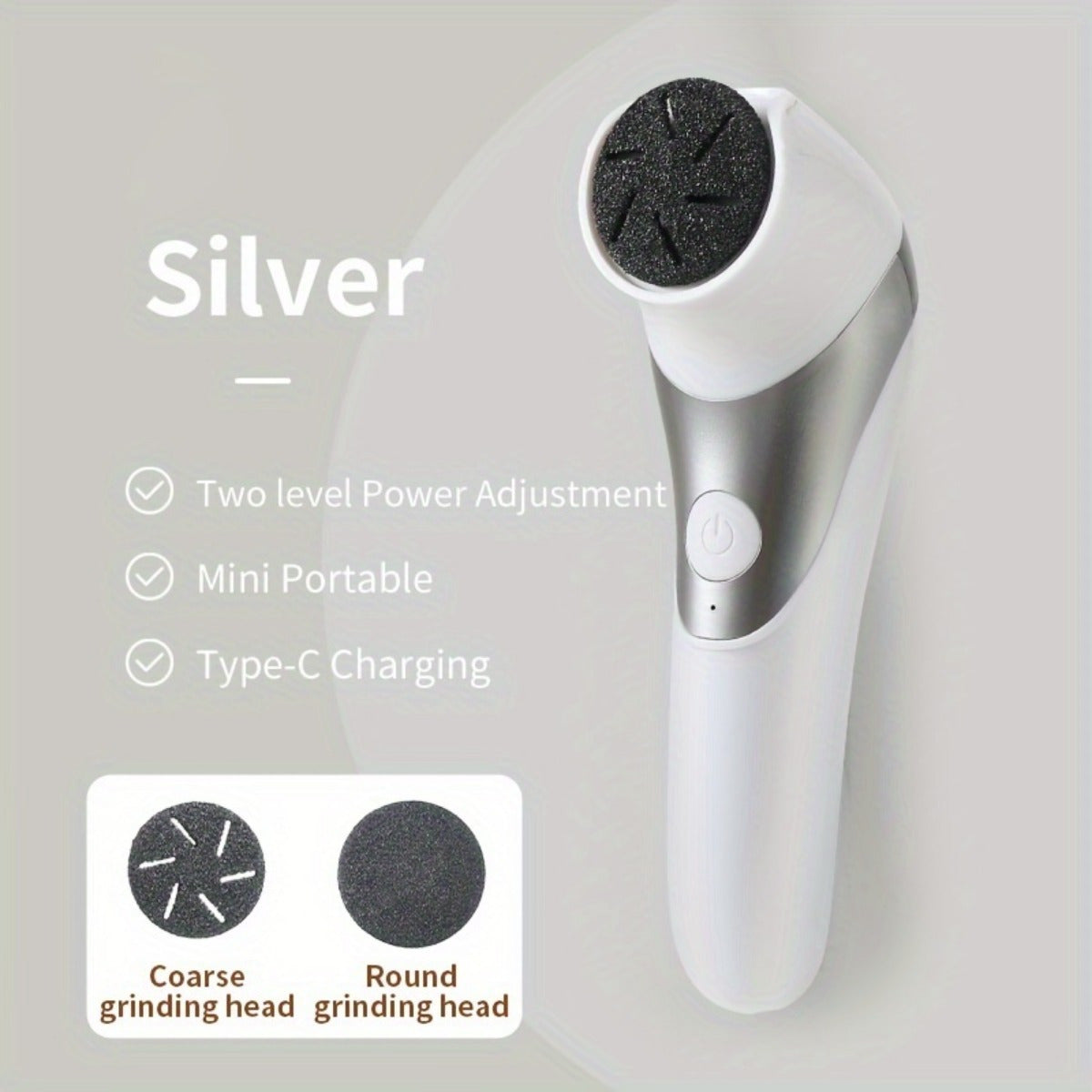 Kit de Cuidado para Pies Portátil con Carga USB - Exfoliador Eléctrico de Dos Cabezales, Herramienta para Pulido y Eliminación de Piel Gruesa en Beige Claro, Cabezas Reemplazables