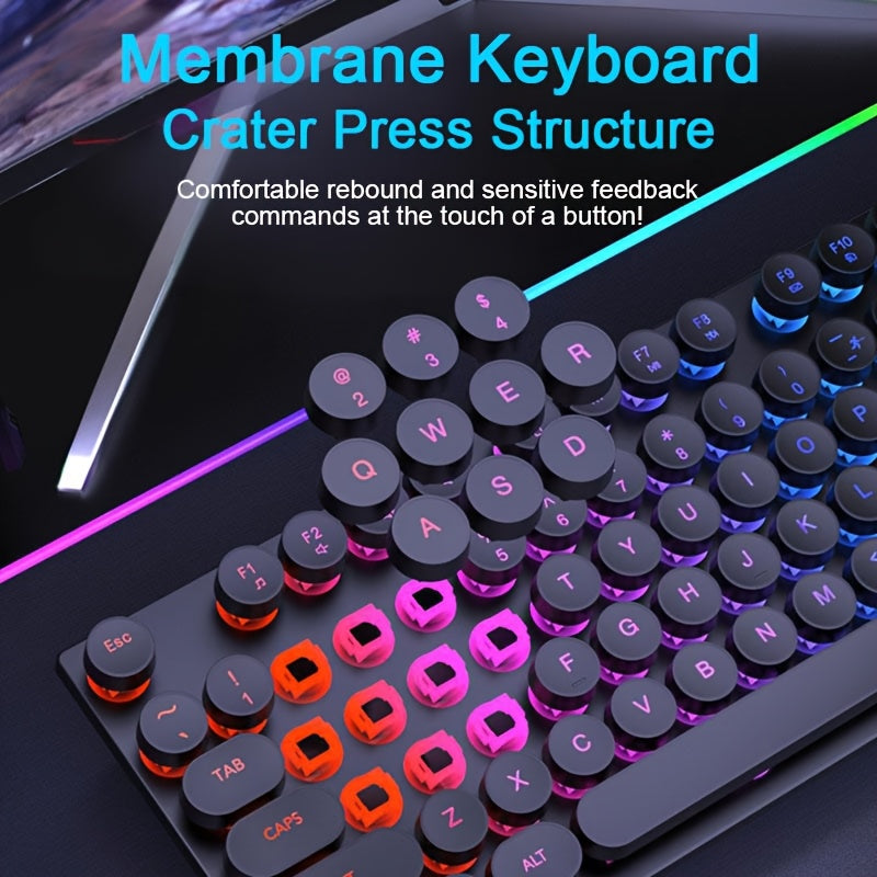Teclado mecánico y mouse retro alámbrico, set gaming con retroiluminación multicolor, teclas estilo punk, para esports y oficina, periféricos de computadora, USB plug and play, sensación mecánica
