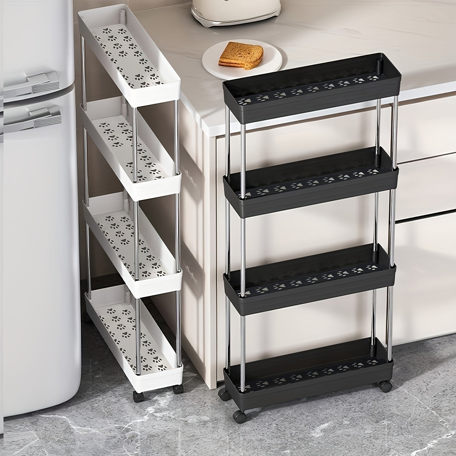 Carrito de almacenamiento rodante de 4 niveles con ruedas, drenaje hueco, estantes de metal delgados, organizador móvil para cocina, baño, habitación de lavandería - Negro, capacidad para 20 personas, carrito de almacenamiento de cocina