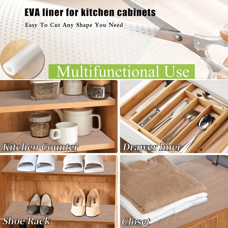 1 rollo de almohadillas para gabinetes de cocina, encimeras y cajones - papel especial para gabinetes y almohadillas antideslizantes cortables, uso multiusos en múltiples escenarios, materiales EVA, almohadillas para estantes