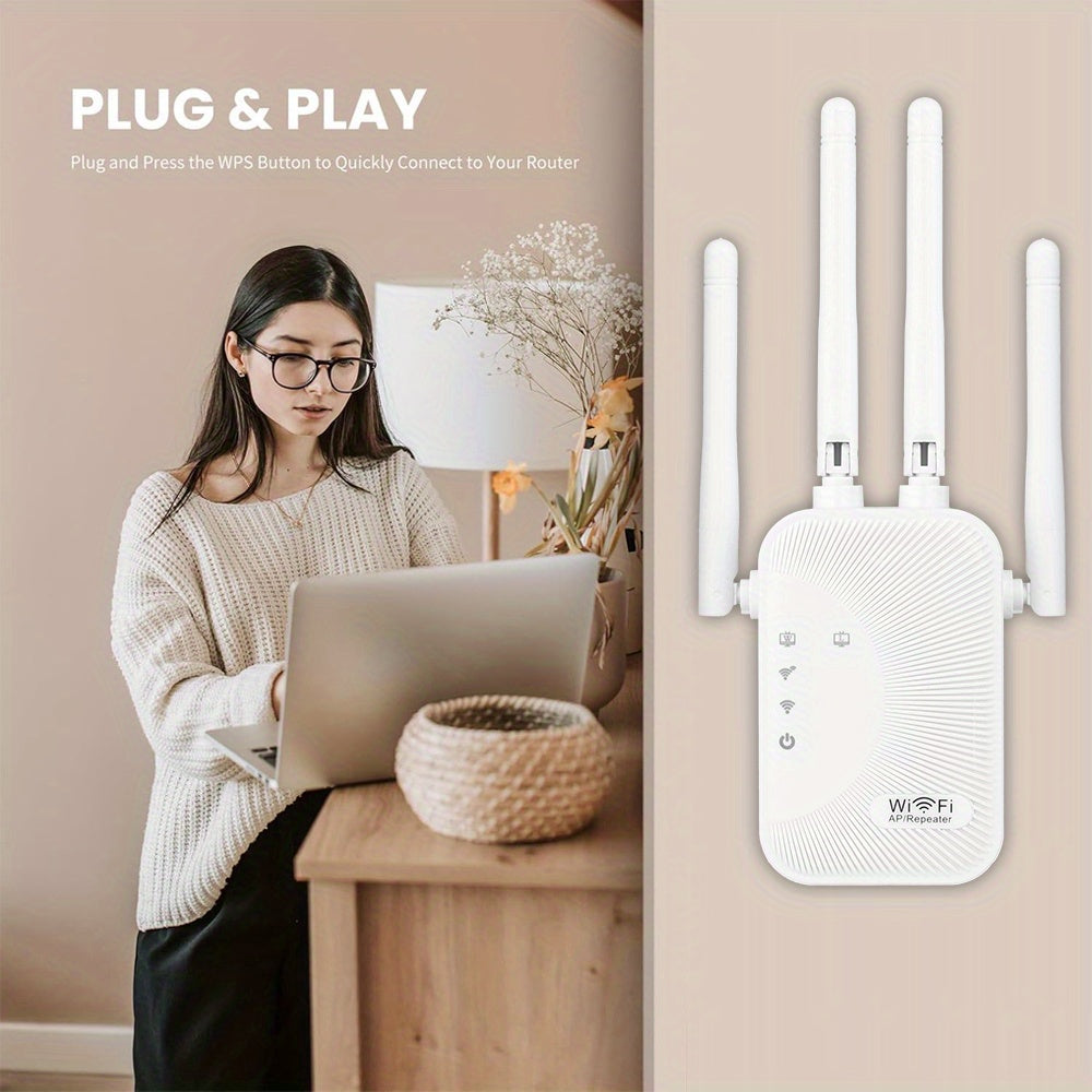 Amplificador de Señal Wifi, Refuerzo de Síntesis Wifi, Compatible con WIFI6, Equipado con un Puerto Ethernet, Con 4 Antenas para Cobertura de 360°, Alcanzando hasta 11,000 Pies Cuadrados, Adecuado para Más de 35 Dispositivos, Y se Puede Configurar con So
