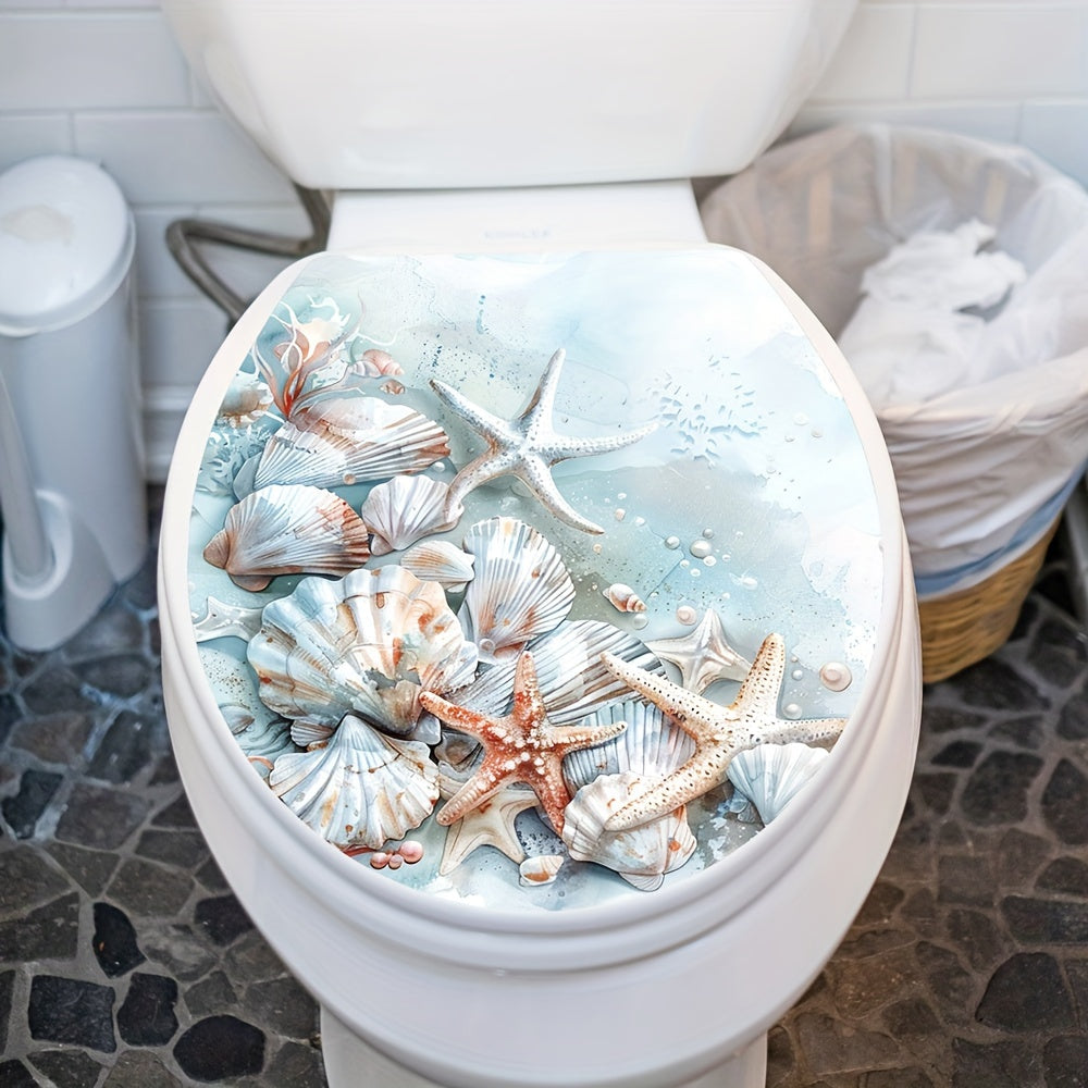 Pegatina de tapa de inodoro con diseño de playa, concha, estrella de mar - Alfombra de plástico autoadhesiva con acabado mate, patrón de dibujos animados, impermeable y extraíble, de un solo uso, forma rectangular para decoración de baños