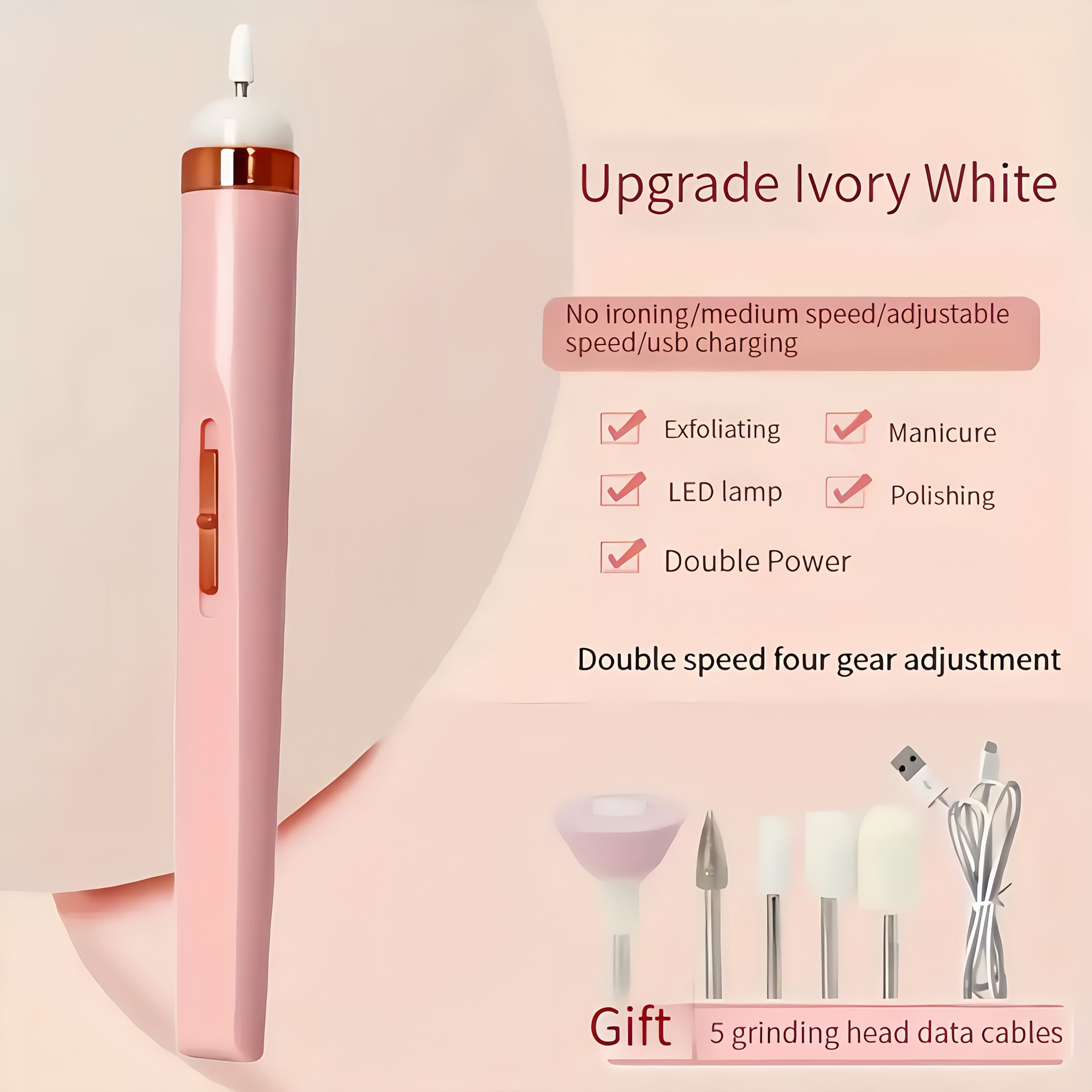 Perforadora Eléctrica de Uñas USB, Kit Profesional para Gel y Salón en Casa con Lima y Empujador de Cutículas, Sin Olor, Batería de Litio Duradera e Iluminación LED, Regalo Ideal para Cumpleaños o Fiestas
