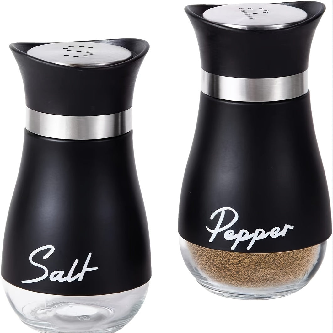 2 piezas por conjunto, un conjunto de sal y pimienta con tapas de acero inoxidable, adecuado para mesas de cocina, RV, camping, barbacoas, botellas de especias rellenables, suministros de cocina y decoración de cocina.