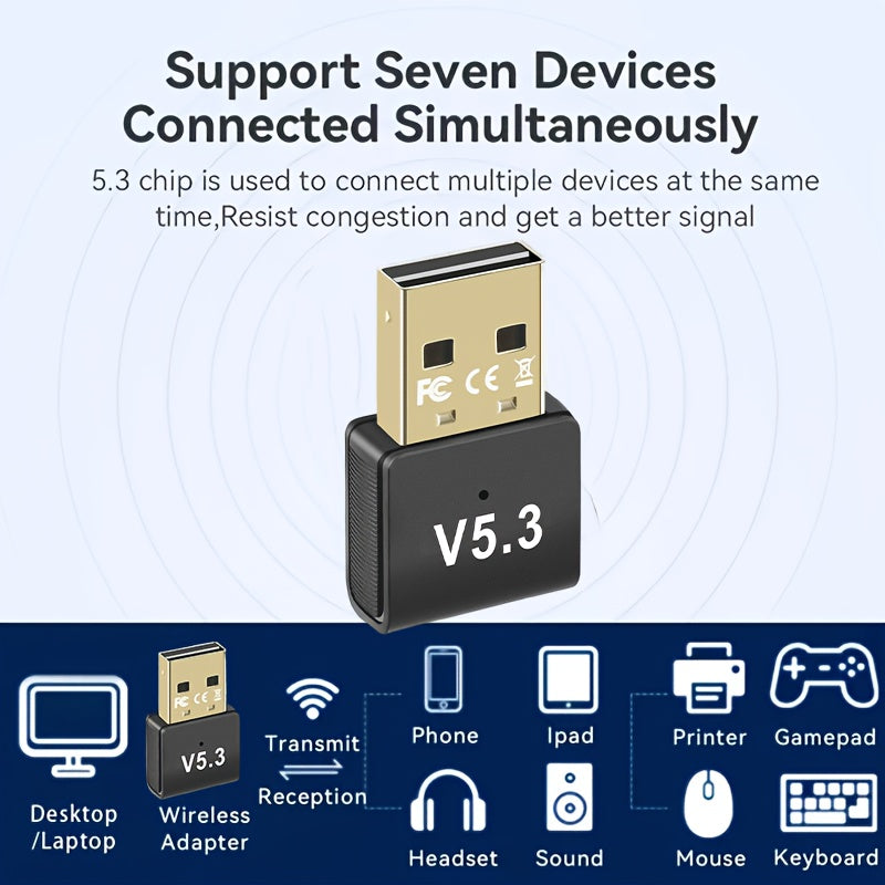 Adaptador sin varillas USB 5.3 - Plug & Play Sin Necesidad de Controladores, Conexión Simultánea para Auriculares/Altavoces/Tabletas/Tarjetas de Teclado/Mouse/Consoles de Juegos/Impresoras/Computadoras/Telefonos, Adaptador Wifi para PC, Diseño Compacto y