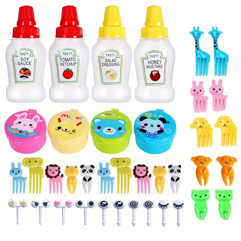 38/48 piezas de botellas exprimibles para ensaladas, botellas para condimentos y salsas, tenedores decorativos para bento, diseños de animales y frutas animados, material de polipropileno, forma ovalada, solo lavado a mano