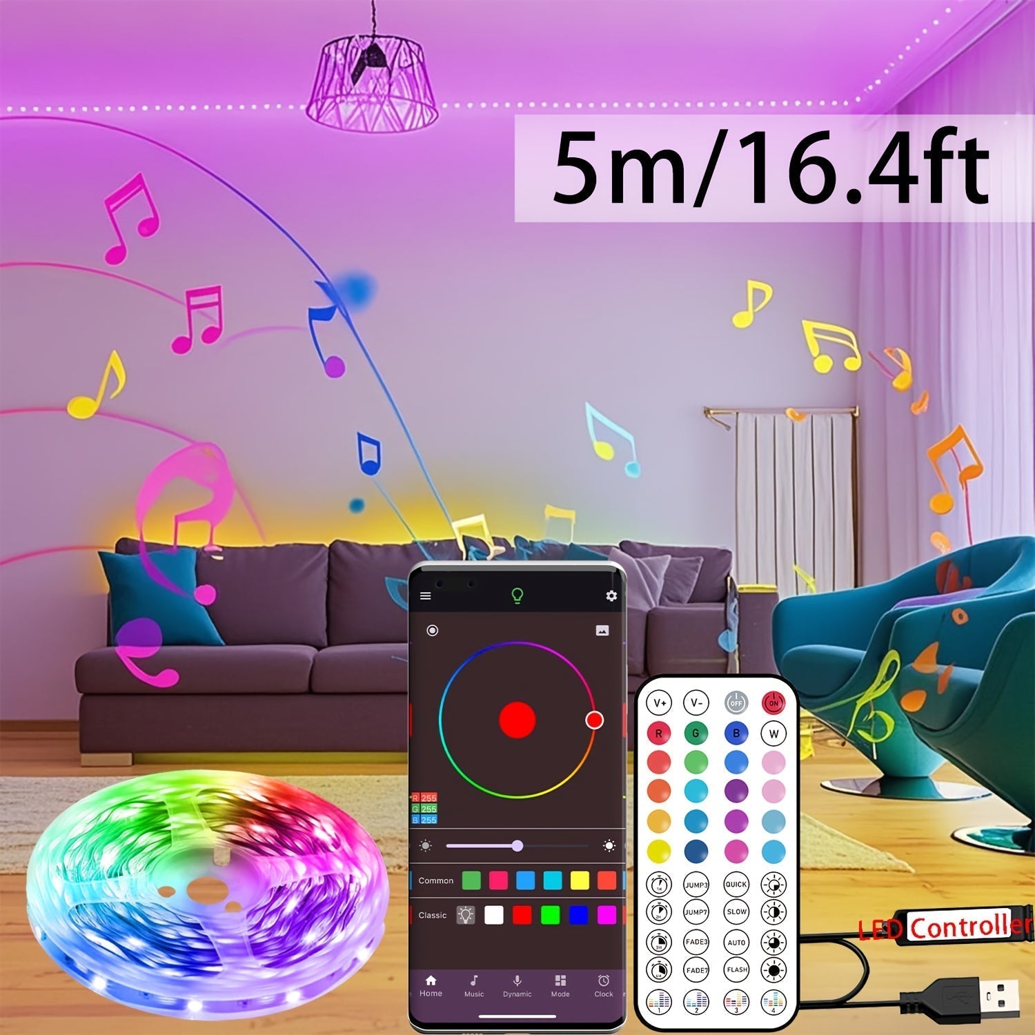 Decoración inteligente de habitaciones con luz LED sincronizada con música, tira de luces RGB fácil de instalar, temporizador y ritmo sincronizado, para dormitorio, sala de estar, hogar, Halloween y decoración de bodas