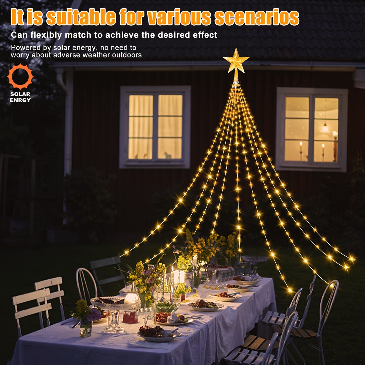 298.7cm 280 LED Luz de Cascada de Agua de Estrella, Luz Solar para Acampar al Aire Libre, 8 Modos de Luces de Cadena para Decoración de Jardín, Cortina, Patio, Árbol de Navidad, Fiesta, Hogar, Boda, Luz de Festival IP54 6.6ft 200LED