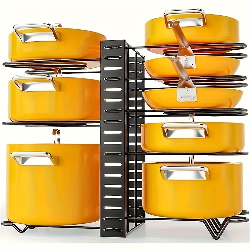 Organizador de Ollas y Sartenes de 8 Niveles - Resistente al Óxido, Antideslizante para Cocina - Diseño Ahorrador de Espacio con Soporte en el Piso para Hogar y Restaurante | Estante Metálico Duradero | Organizador Moderno para Utensilios