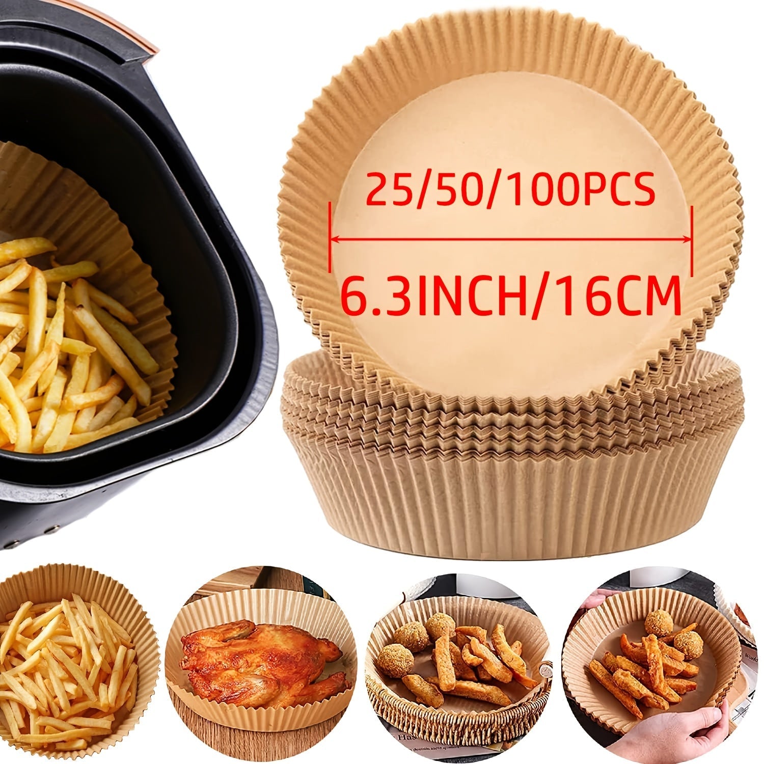 25/50/100piezas 16.0cm Líneas de freidora de aire redondas - No adherentes, papel resistente al aceite bandejas de hornear para cestas de 3-5 cuartos, fácil limpieza, cocción saludable, ideal para fiestas, reuniones familiares y festividades, Líneas de f