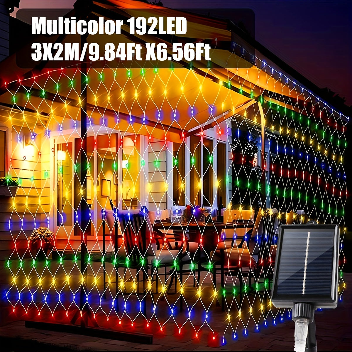 Luz de malla solar IP44 - 8 patrones, luces de cadena LED amarillas para jardín, patio, techo, balcón, árbol de Navidad, centro comercial, ideal para Halloween, Navidad, bodas y fiestas, alimentado por energía solar con batería de litio, luces de camping