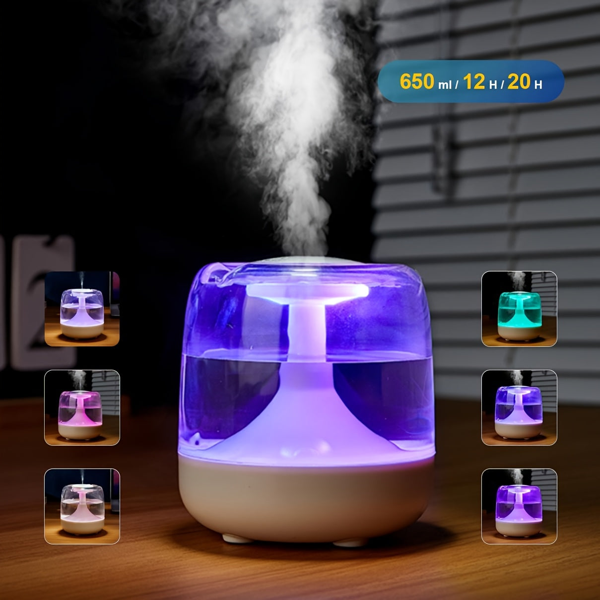 Humidificador para el hogar con luz nocturna de 7 colores, funcionamiento silencioso de 26dB, 2 niveles de niebla, duración de 24H e indicador de nivel de agua visible - Material ABS para sala, dormitorio u oficina - Regalo perfecto para cumpleaños o Nav