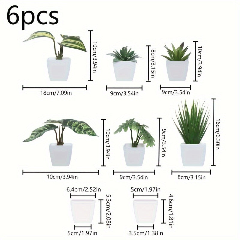 1set 6pcs-Combinación de Plantas Simuladas Suculentas Artificiales Planta Verde Bonsái Decoración de Interior Adorno de Escritorio de Oficina Estilo Nórdico Decoraciones de Plantas en Maceta Pequeñas Simuladas