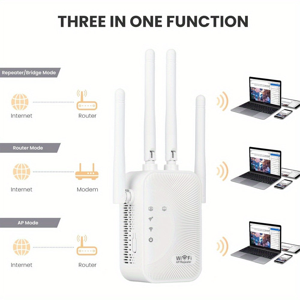 Amplificador de Señal Wifi, Refuerzo de Síntesis Wifi, Compatible con WIFI6, Equipado con un Puerto Ethernet, Con 4 Antenas para Cobertura de 360°, Alcanzando hasta 11,000 Pies Cuadrados, Adecuado para Más de 35 Dispositivos, Y se Puede Configurar con So