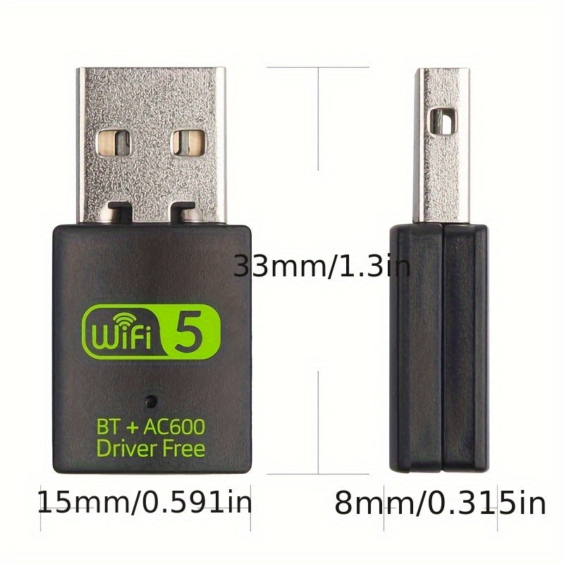 Adaptador BT5.0+WiFi 600m, Adaptador sin varillas/WiFi, Tarjeta WiFi Dual-Band de 600m, Combinación WiFi + Inalámbrica, Conexión Simultánea Rápida para Ratón, Teclado y Auriculares – Sin Interferencias ni Conflictos, Plug & Play, Sin Controladores Necesa