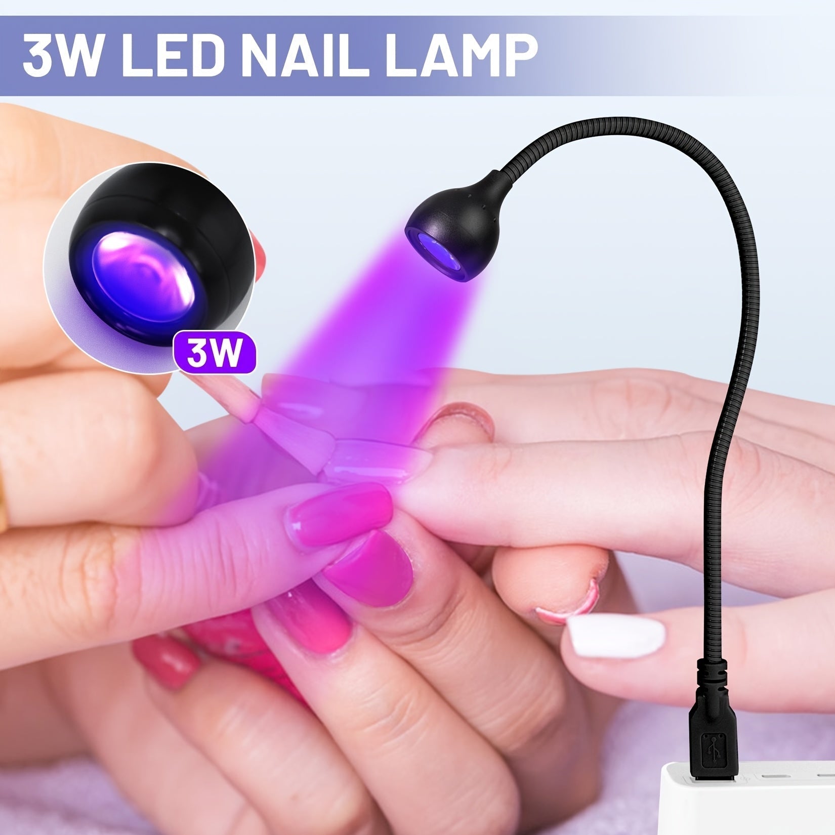 Elmlogiroa Lámpara LED de 3W para Uñas - Luz Curadora de Esmalte en Gel Portátil con Cuello Flexible Ajustable a 360°, Secador de Manicura Sin Olor para Salón y Hogar DIY, Diseño Compacto y Ligero para Viaje, Recargable, Posicionamiento Versátil, Cable R