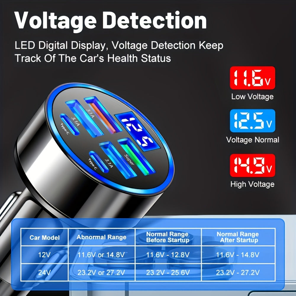 Cargador rápido para auto Datangwin, 6 en 1 con USB-C, doble PD y QC3.0, 4 puertos USB, pantalla de voltaje - Compatible con iPhone, Samsung, Huawei, Xiaomi - Acabado mate, cargador portátil, sin batería