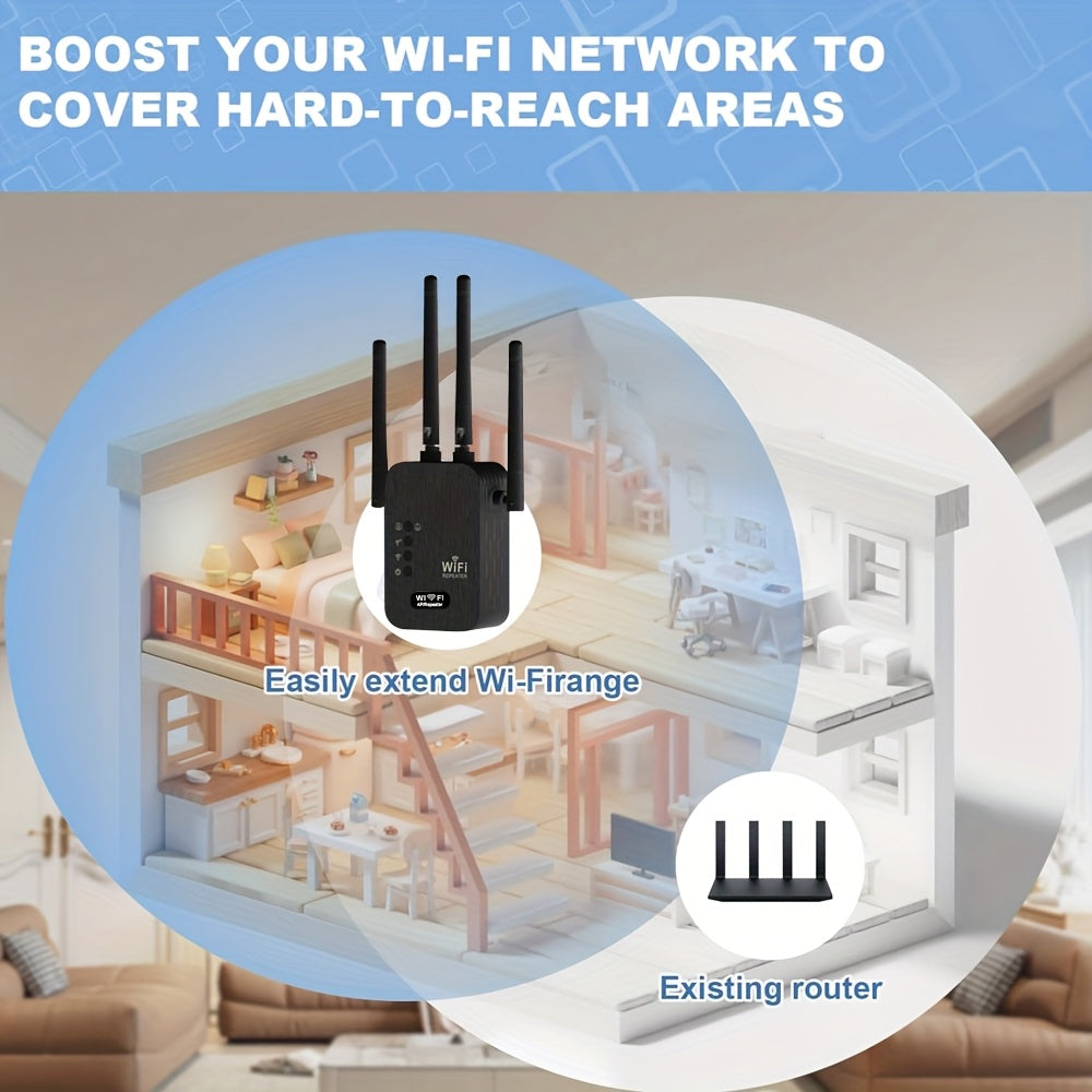 Amplificador WiFi 2024 Nuevo, Señal 6x Más Fuerte, Cobertura de 2.4GHz hasta 8500 Pies Cuadrados, Compatible con 35 Dispositivos, Cobertura Completa 360° con 4 Antenas, Configuración Rápida y Puerto Ethernet Incluido