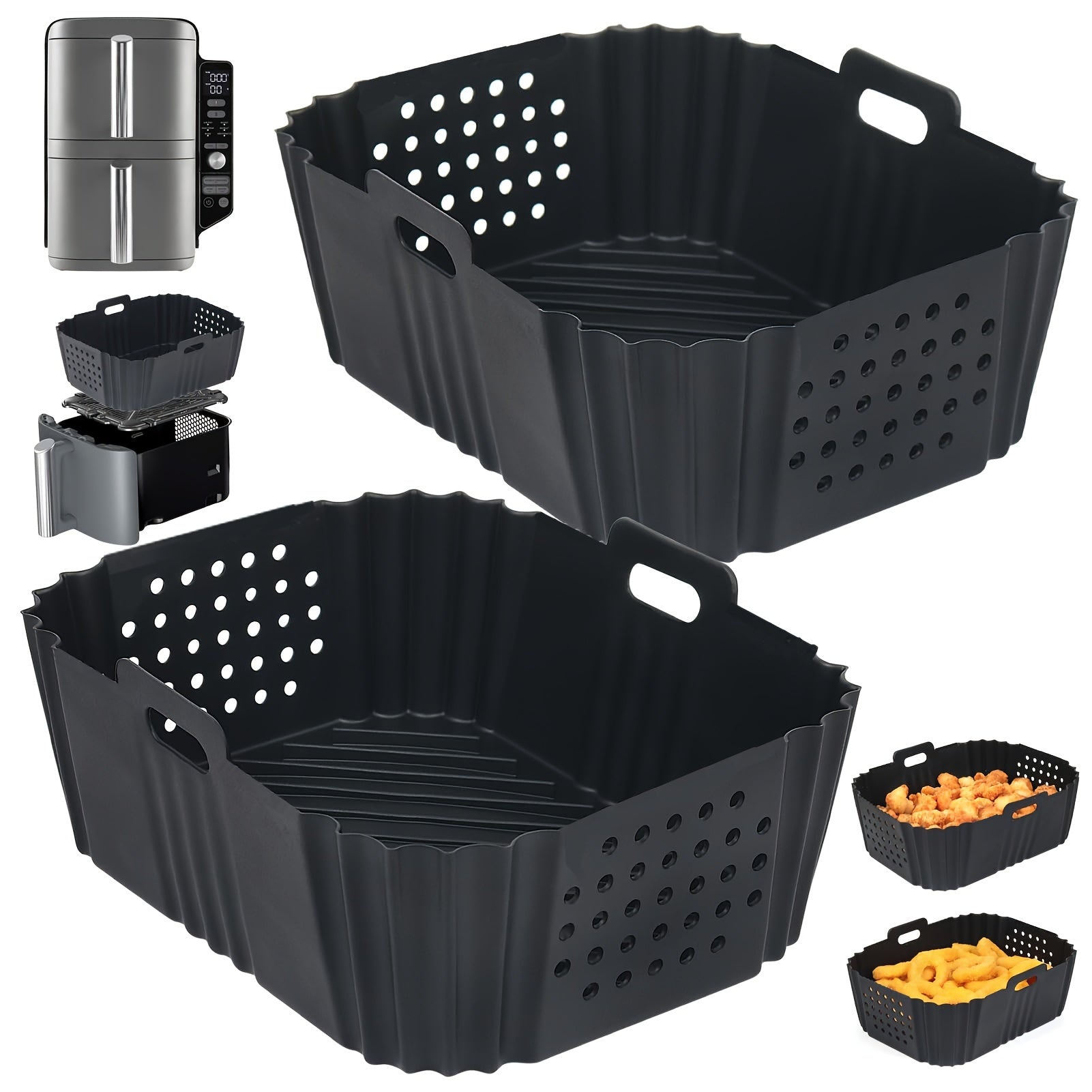 2pcs Revestimientos de Silicona para Freidora de Aire Ninja XL 9.5L & Modelos Dual - Accesorios Reutilizables para Canasta Antiadherentes Compatibles con AF400UK, AF451UK, Tower T17088 - Negro