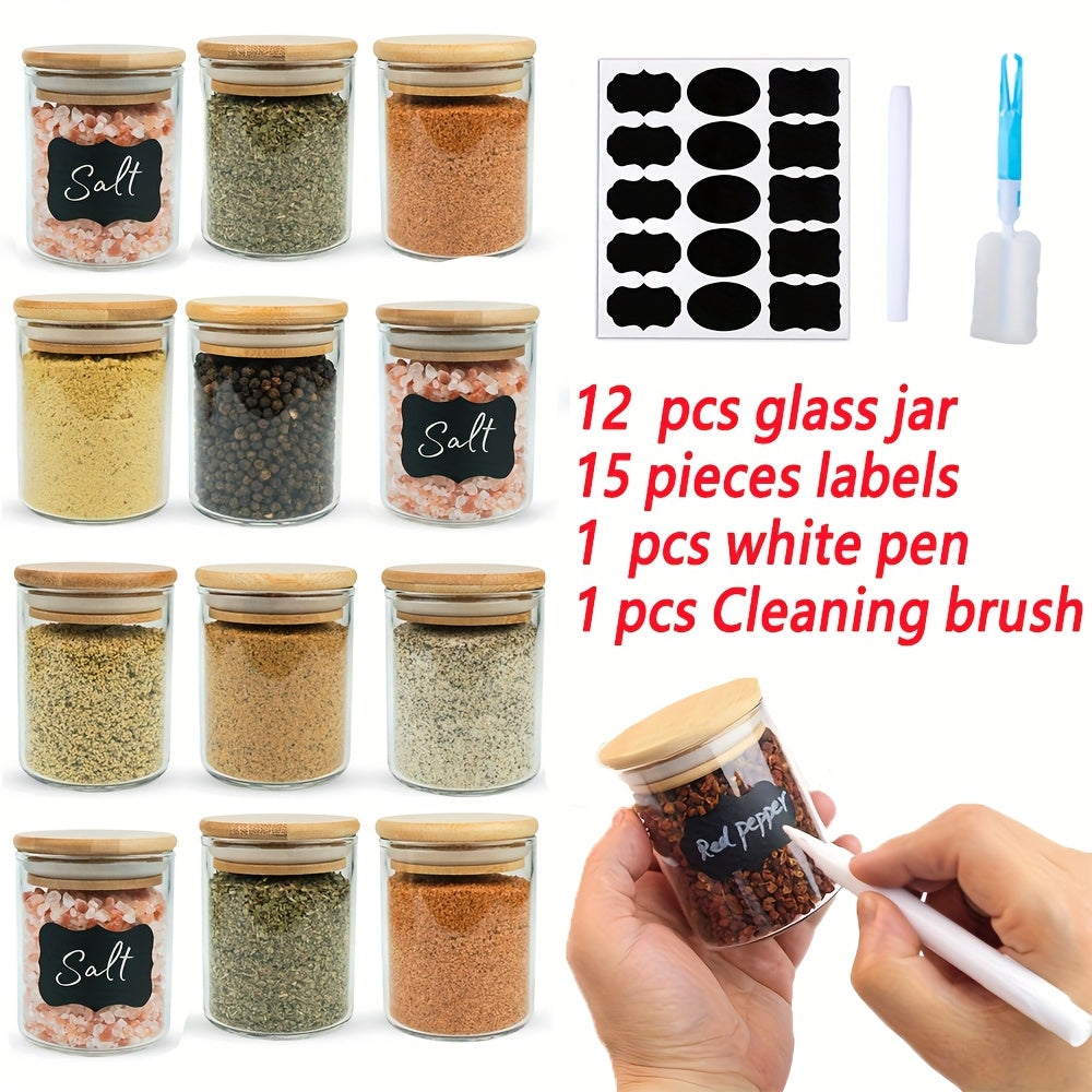 Juego de 12 Tarros Redondos para Especias de Vidrio de 6oz/9oz con Tapas de Bambú Selladas, Bolígrafo y Etiquetas, Cepillo de Limpieza para Organización de Alimentos en la Cocina - Bolsitas de Té, Granos de Café, Dulces, Galletas