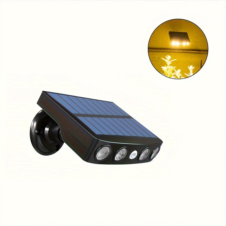 1 pza. de luces solares LED para exteriores con sensor de movimiento, 4 luces LED potentes para seguridad solar, decoración exterior, sensor de movimiento, 3 modos, lámpara de calle con batería de litio 18650 integrada, luz nocturna para pared, jardín