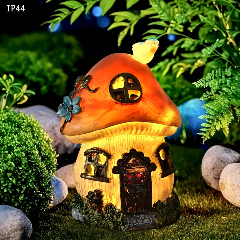 Encantadora Estatua de Casa de Hongo con Energía Solar y Luz Amarilla Cálida - Decoración Exterior Temática de Cuento de Hadas, Hecha en Resina con Diseño Detallado, Perfecta para Pascua, Acción de Gracias, Halloween & Regalos Navideños, IP44 Alta Calida