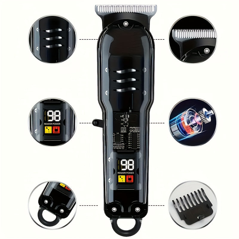 Cortadora de cabello eléctrica profesional con pantalla digital - Carga USB, 4 hojas intercambiables, mango ergonómico, herramienta de corte y estilizado de precisión para hombres, diseño azul elegante, regalo ideal, tijeras ergonómicas