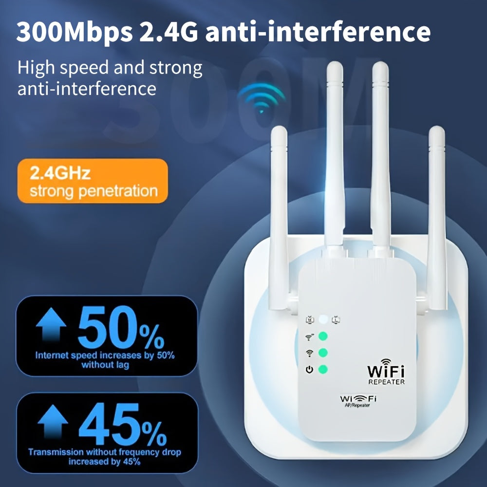 Extensor de WIFI Momotor, Amplificador de Señal WIFI, Alta Velocidad Inalámbrica de 2.4GHz, Potente con 4 Antenas, Alta Penetración, Sólida Señal, Modo de Seguridad WPS, Enrutador de Expansión Doble Modo - Adecuado para Hogar, Cafetería, Oficina, Centro