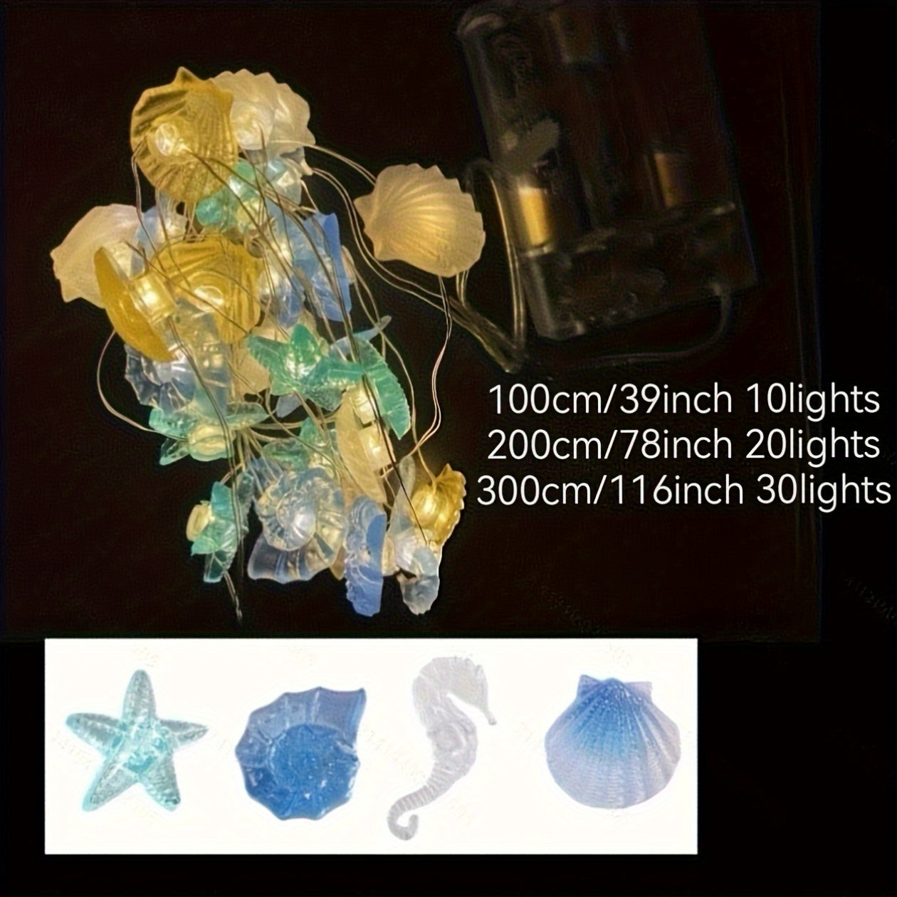 Luces LED de alambre de cobre con diseños de estrellas de mar, caballitos de mar, conchas y caracoles, decoración para el hogar, fiestas, bodas y festivales, funcionan con pilas, 36V seguro, pilas no incluidas, iluminación festiva, luces con batería, dec