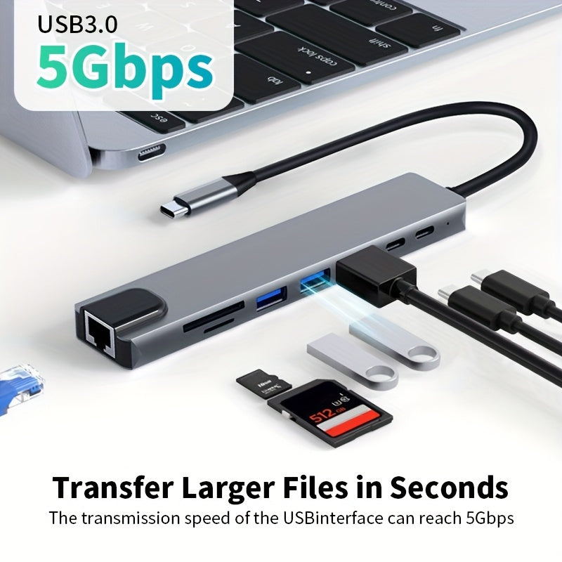 Conector USB C 8 en 1, adaptador de TV HD 4K 30Hz de tipo C con USB-C, carga PD100W, transferencia de datos RJ45, USB 3.0, lector de tarjetas SD/TF, 4K UHD, ratón, teclado, unidad USB, impresora, etc. - Compacto y portátil