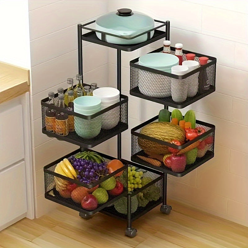 Estante de Almacenamiento de Cocina Giratorio de Fácil Instalación - Multinivel, Sin Montaje Necesario, Perfecto para Frutas y Snacks, Organizador Ideal para el Hogar, Metal Negro, Estantes de Almacenamiento