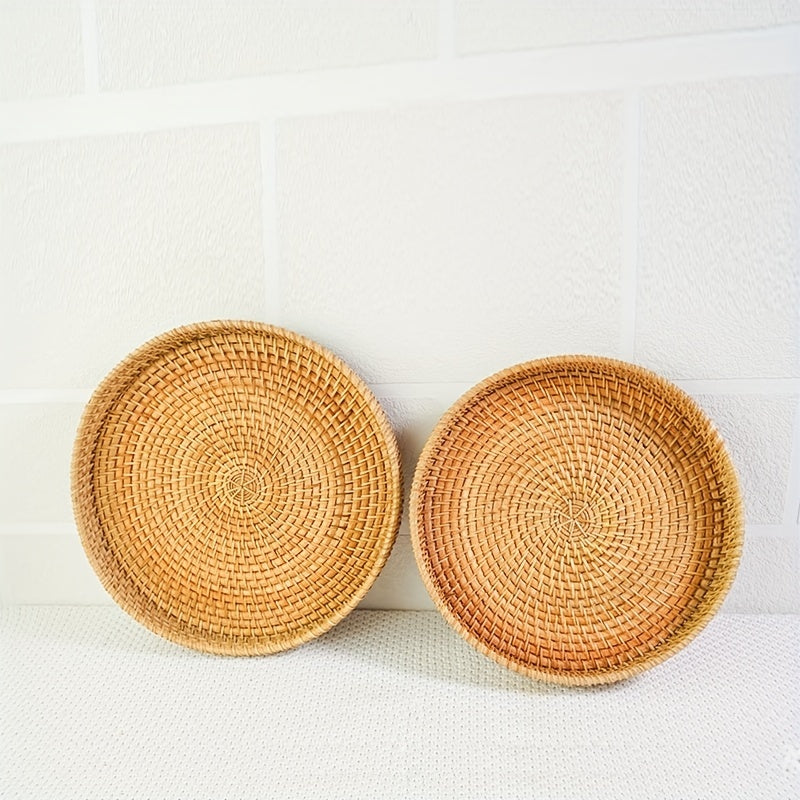 Cesta de frutas tejida a mano de rafia - Bandeja redonda de madera natural con patrón de cuadros, segura para alimentos, decoración de cocina y comedor para Halloween, Navidad, Pascua, Acción de Gracias, Hanukkah, idea de regalo de Acción de Gracias, dec