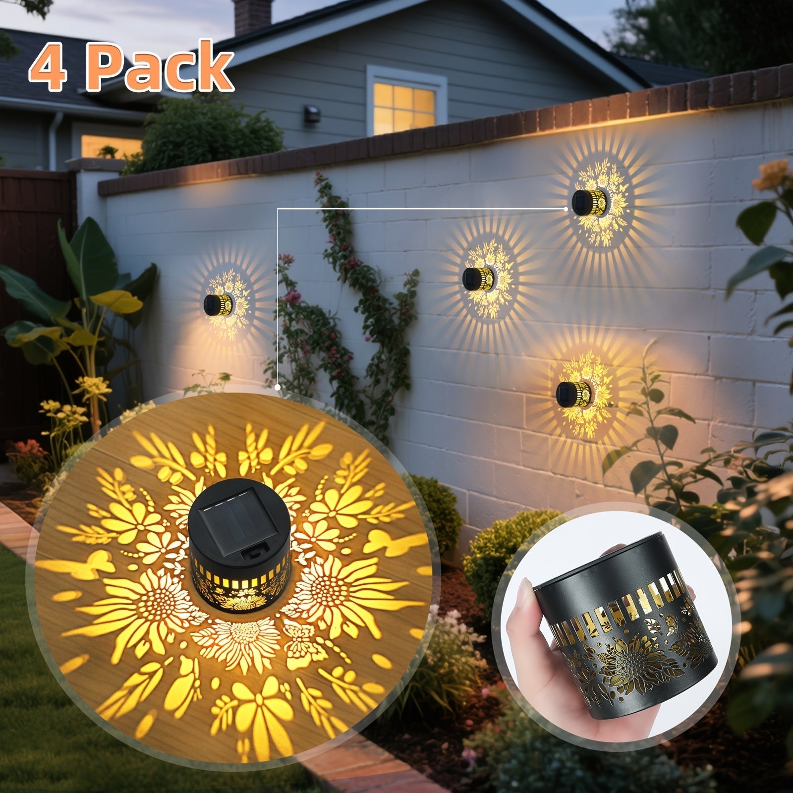 OTDECOR 4pcs Luces Solares para Valla Girasol, Lámparas de Metal con Energía Solar para Exterior, Decoración de Jardín, Patio y Puerta Principal, Temática de Poste, Decoración para Exteriores