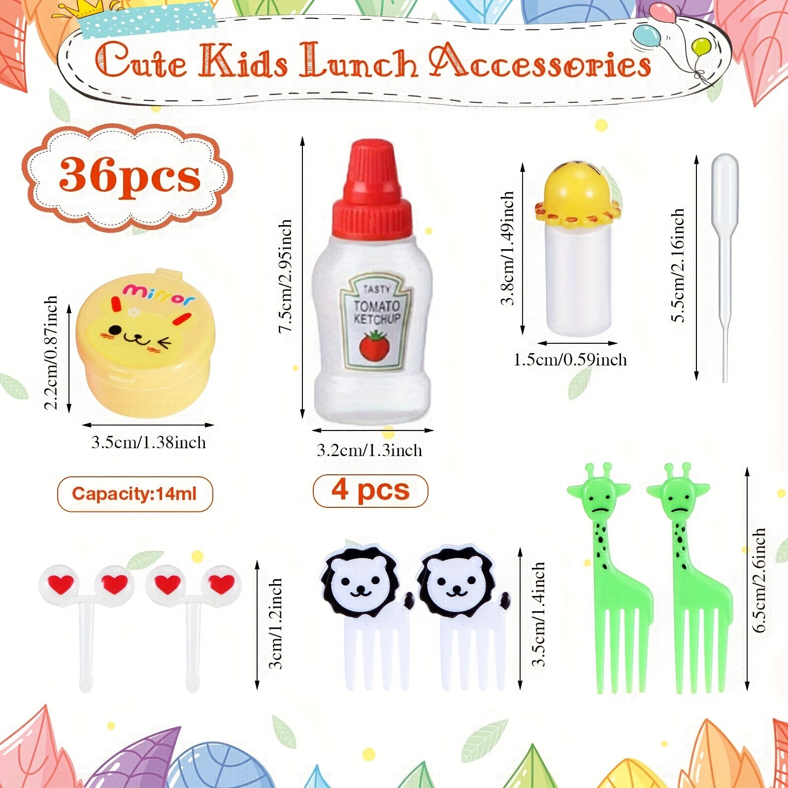 38/48 piezas de botellas exprimibles para ensaladas, botellas para condimentos y salsas, tenedores decorativos para bento, diseños de animales y frutas animados, material de polipropileno, forma ovalada, solo lavado a mano